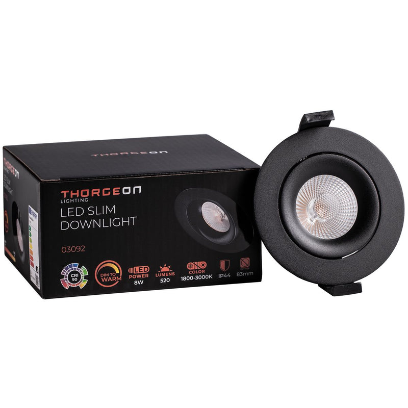 8W, 520lm, LED Downlight, Dim to Warm, 38°, IP44, IK04, 1800K/3000K, 83mm, Black LED Downlight Thorgeon