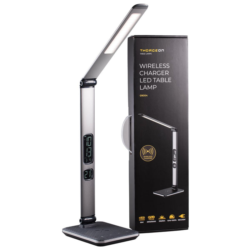 18W, 504lm, LED-Tischleuchte, 2800K/6000K, DIM, kabelloses Laden 5V 1A, LCD-Anzeige, silberne Thorgeon LED-Tischleuchte