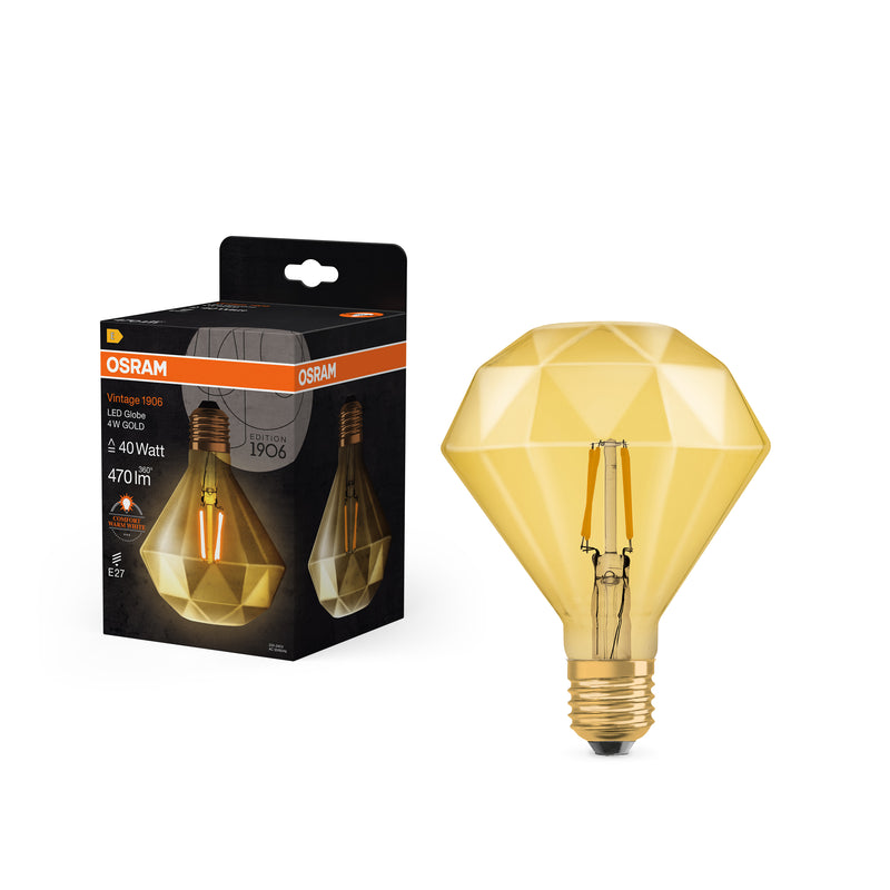 4W, 470lm, Vintage 1906 Edison Filament Diamond GOLD, 2400K, E27, 110x142mm, Osram LED Decorative Lamp