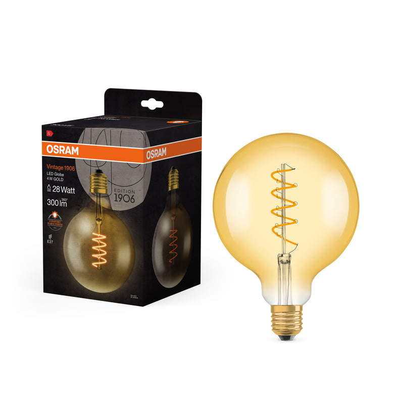 4W, 300lm, Vintage 1906 Globe Filament GOLD, E27, 2000K, 124x168m, LED Sisustuslamppu Osram