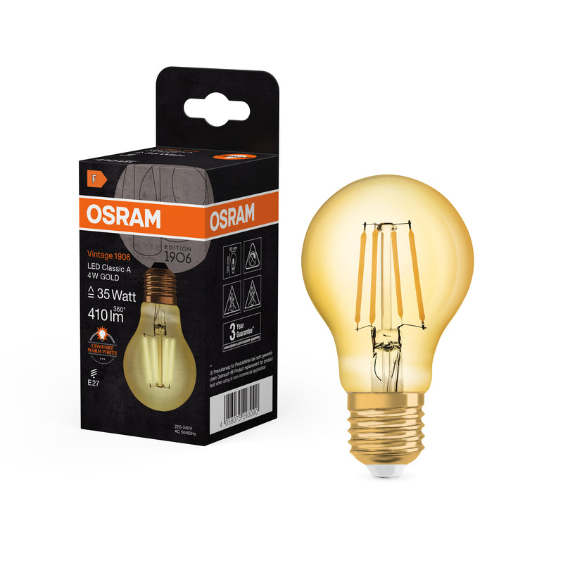 4W, 410lm, Vintage 1906 Classic Filament GOLD, E27, 2400K, 60x105mm, LED Sisustuslamppu Osram