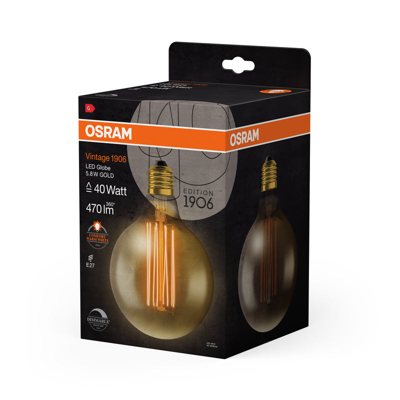 5.8W, 470lm, Vintage 1906 Globe Filament GOLD DIM, E27, 2200K, 124x173mm, LED Sisustuslamppu Osram