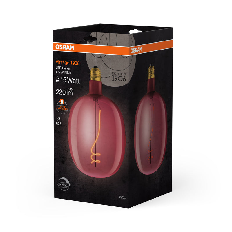 4.5W, 220lm, Vintage 1906 Ballon Filament Pink DIM, E27, 1600K, 170x270mm, LED Sisustuslamppu Osram