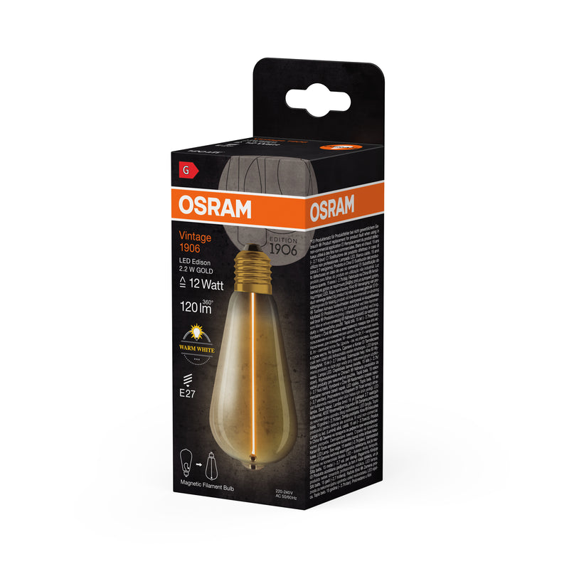 2.2W, 120lm, Vintage 1906 Edison Filament Magnetic GOLD, E27, 2700K, 64x140mm, LED Sisustuslamppu Osram