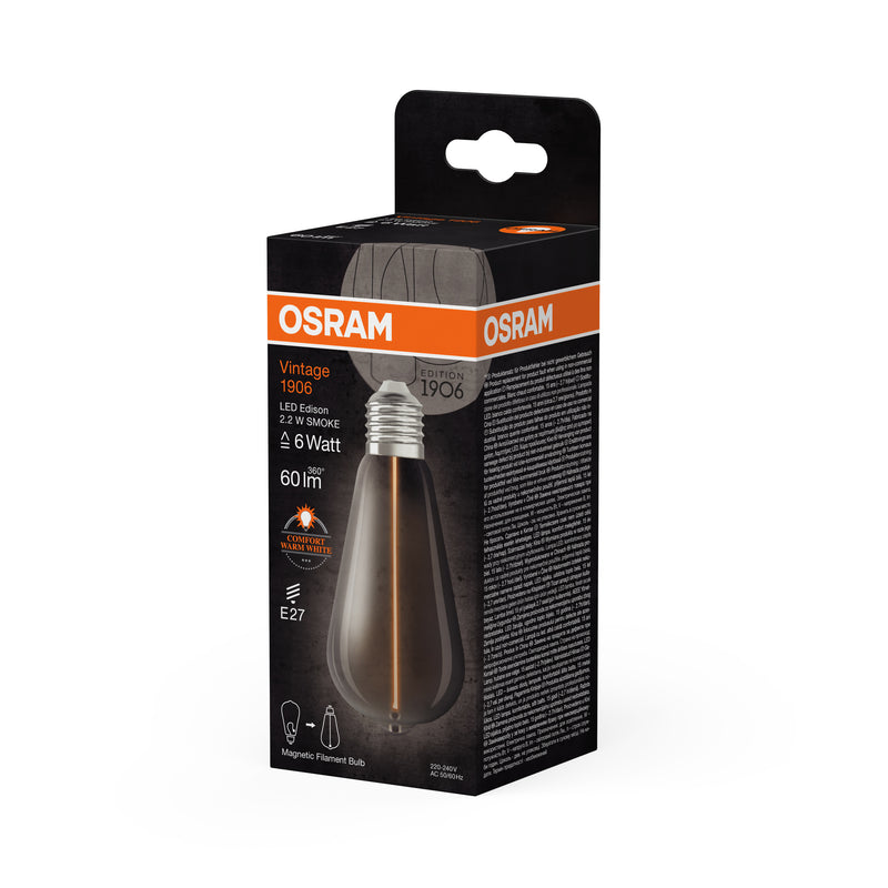 2.2W, 60lm, Vintage 1906 Edison Filament Magnetic SMOKE, E27, 1800K, 64x140mm, LED Sisustuslamppu Osram