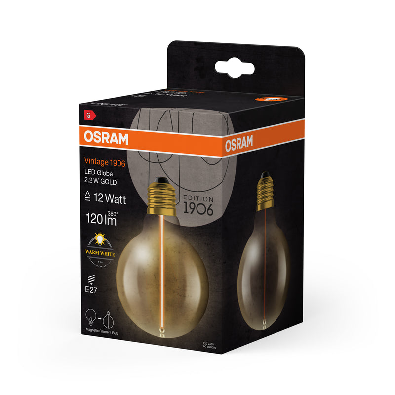 2.2W, 120lm, Vintage 1906 Globe Filament Magnetic GOLD, E27, 2700K, 95x138mm, LED Sisustuslamppu Osram