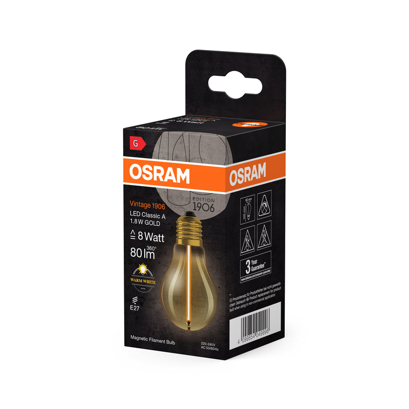 1.8W, 80lm, Vintage 1906 Classic Filament Magnetic GOLD, E27, 2700K, 60x105mm, LED Sisustuslamppu Osram