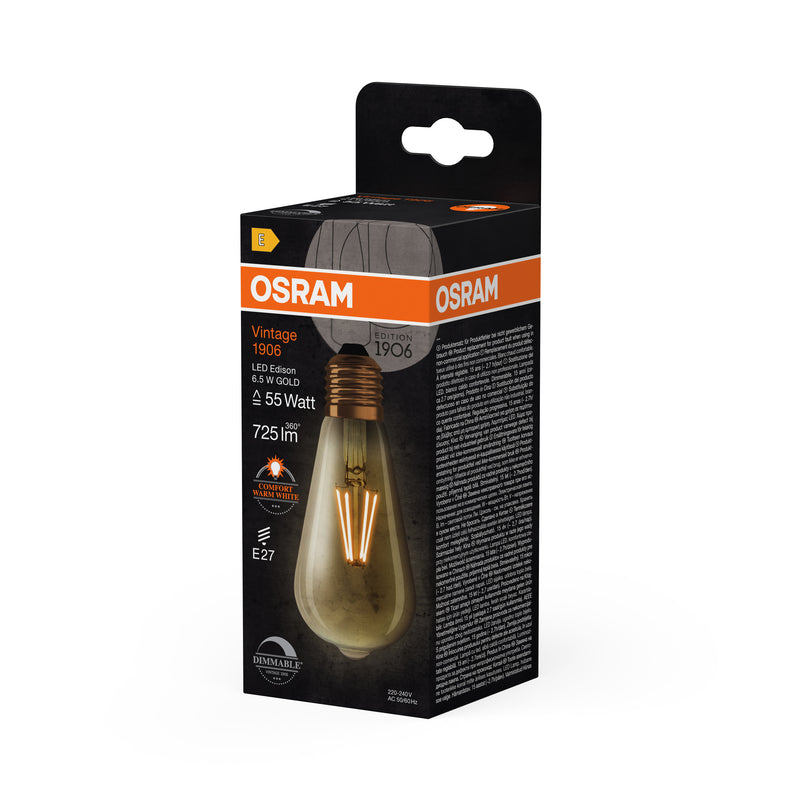 6.5W, 725lm, Vintage 1906 Classic Edison Filament GOLD DIM, E27, 2400K, 64x143mm, LED Sisustuslamppu Osram