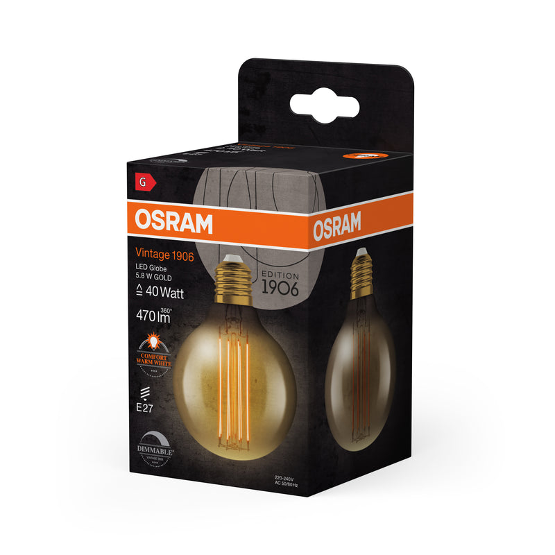 5.8W, 470lm, Vintage 1906 Globe Filament GOLD DIM, E27, 2200K, 80x120mm, LED Sisustuslamppu Osram