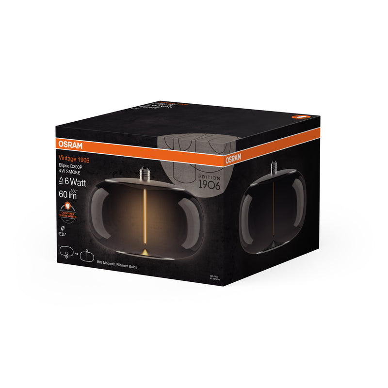 4W, 60lm, Vintage 1906 Big Elipse Filament Magnetic SMOKE, 1800K, E27, 300x210mm, LED Sisustuslamppu Osram