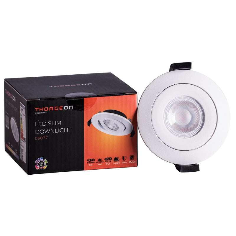 5W, 400lm, LED Slim Downlight, IP44, IK04, 3000K/4000K/5700K, DIM, CCT, 70-75mm, White LED Downlight Thorgeon