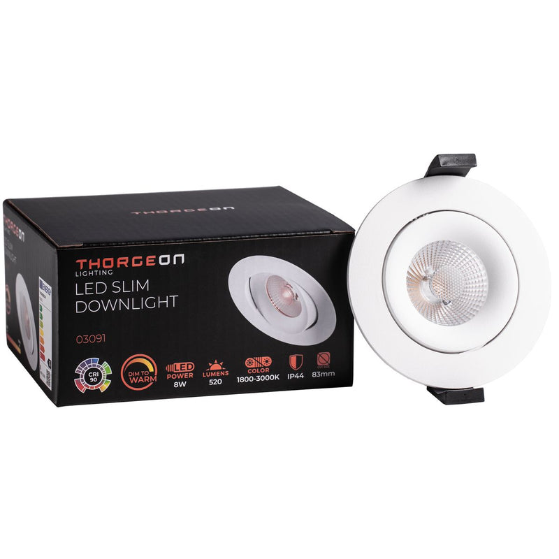 8W, 520lm, LED Downlight, Dim to Warm, 38°, IP44, IK04, 1800K/3000K, 83mm, White LED Downlight Thorgeon