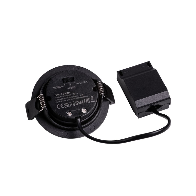 5W, 400lm, LED Slim Downlight, IP44, IK04, 3000K/4000K/5700K, DIM, CCT, 70-75mm, Black LED Downlight Thorgeon