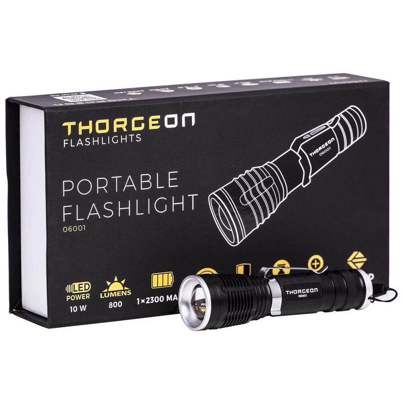 10W, 800lm, Portable Flashlight IPX5, 1x2300mAh + akkulaturi, LED taskulamppu Thorgeon