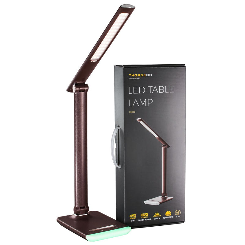 7W, 350lm, LED-Tischleuchte, 2800K/6000K, DIM, Laden via USB 5V 2.1A, RGB-Licht, Lederbraune LED-Tischleuchte Thorgeon