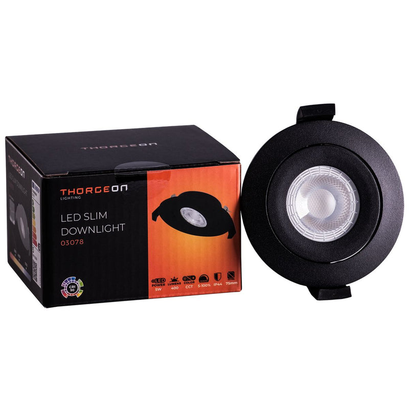 5W, 400lm, LED Slim Downlight, IP44, IK04, 3000K/4000K/5700K, DIM, CCT, 70-75mm, Black LED Downlight Thorgeon