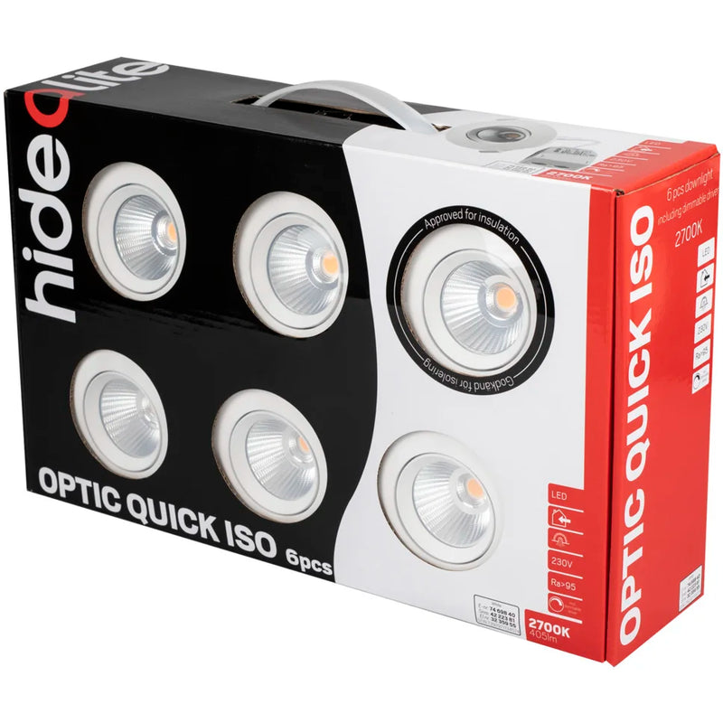 6W, 405lm, Optic Quick Iso 6 pcs, IP44, 3000K, 41x95mm, LED downlight set Hidealite