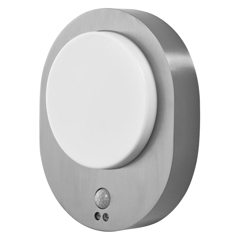 8W, 370lm, Endura Style Disc Wall Sensor Stainless Steel, 3000K, IP44, IK03, LED Outdoor wall light with motion sensor Osram