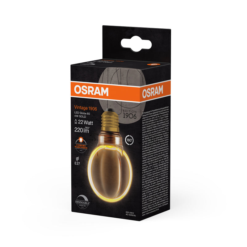 4W, 220lm, Vintage 1906 Globe Filament GOLD DIM, E27, 1800K, 80x120mm, LED Sisustuslamppu Osram