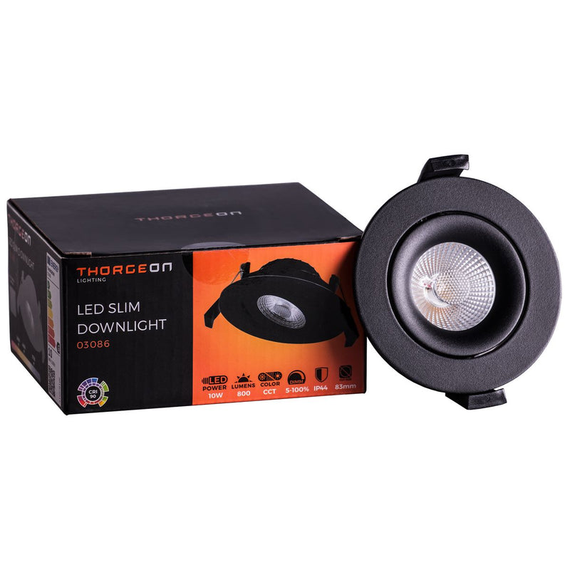 10 W, 800 lm, LED-Downlight, dimmbar, CCT, 40°, IP44, IK04, 3000 K/4000 K/5700 K, 83–88 mm, schwarzes LED-Downlight Thorgeon