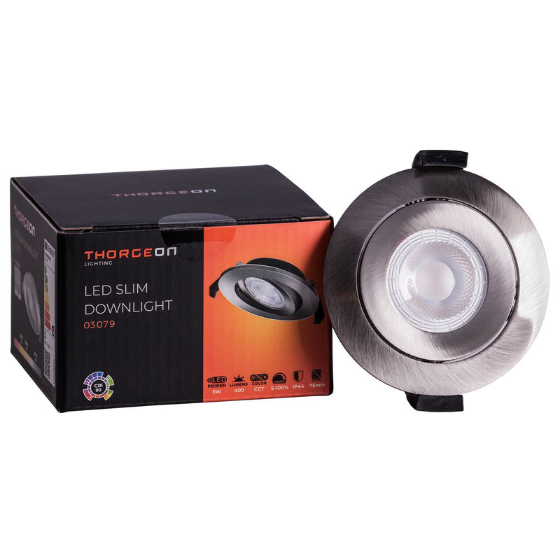 5W, 400lm, LED Slim Downlight, IP44, IK04, 3000K/4000K/5700K, DIM, CCT, 70-75mm, Nickel LED Downlight Thorgeon