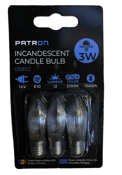 14V, 3W, 12lm, C6, E10, 2100K, 13x44mm, 3kpl kynttilälamppuja kynttelikköön Patron