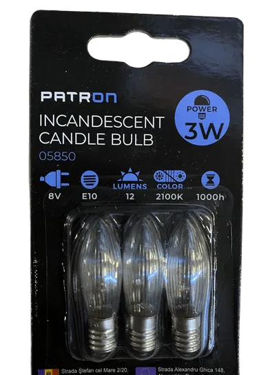 8V, 3W, 12lm, C6, E10, 2100K, 13x44mm, 3 Stk. Kerzenlampen für Leuchter Patron