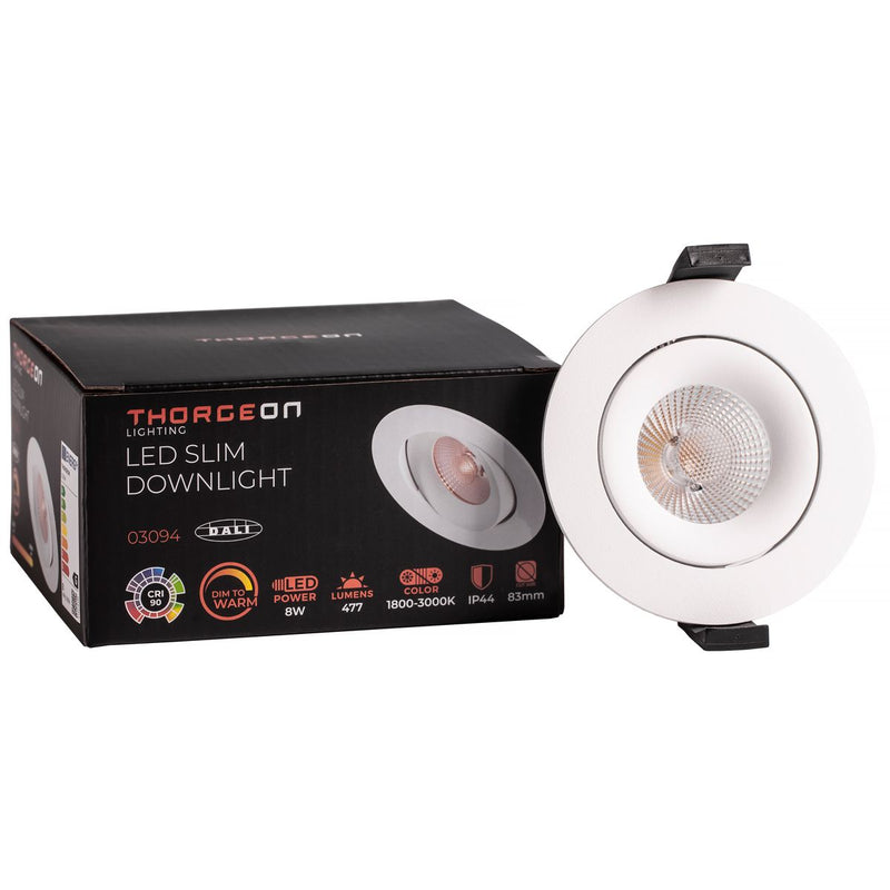 8W, 520lm, LED Downlight DALI, Dim to Warm, 38°, IP44, IK04, 1800K/3000K, 83mm, White LED Downlight Thorgeon