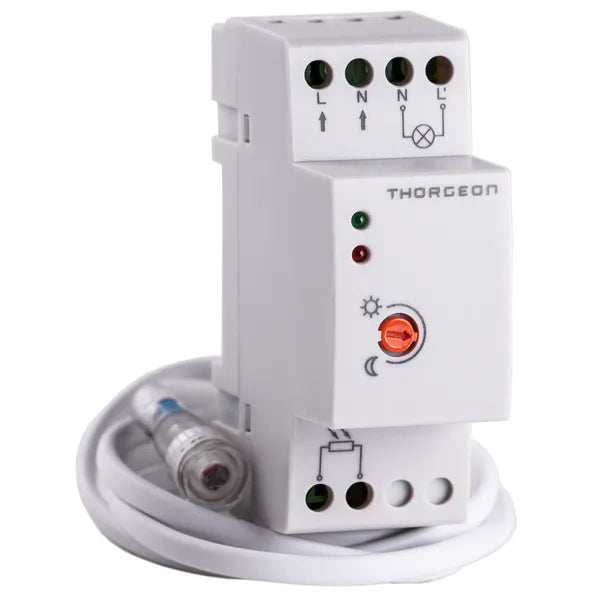 Hämäräkytkin, maks. kytkentäteho 300 W, maks. läpivientiteho 1200 W, IP65 DIN-kiskoon asennettava Thorgeon