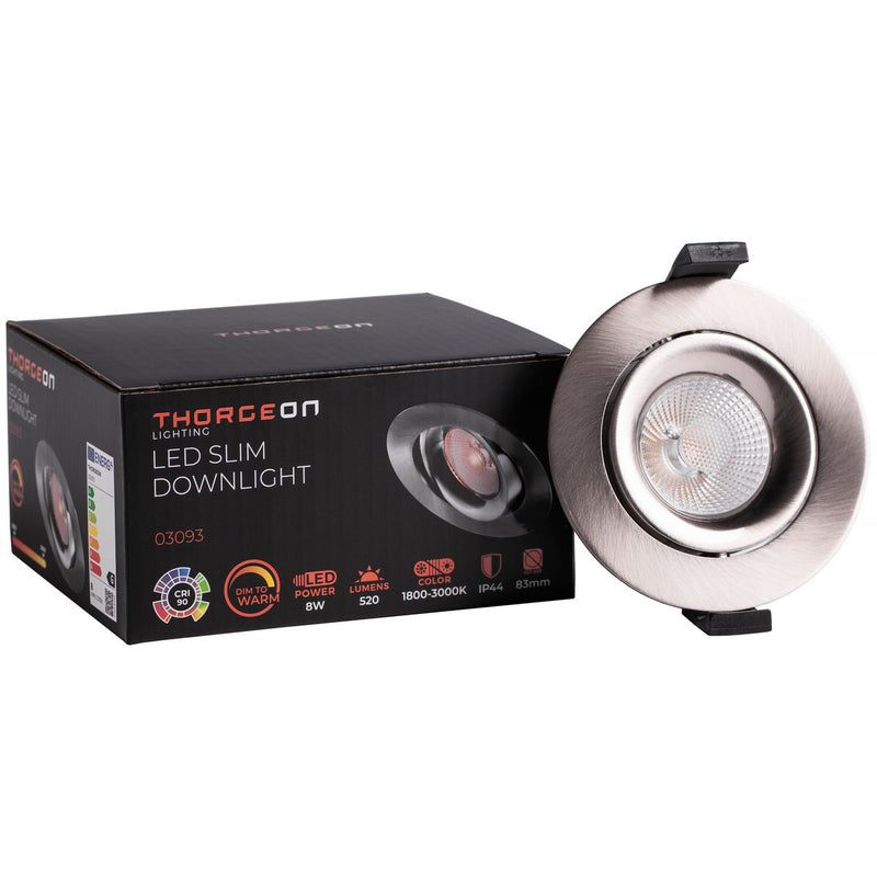 8W, 520lm, LED Downlight, Dim to Warm, 38°, IP44, IK04, 1800K/3000K, 83mm, Nickel LED Downlight Thorgeon