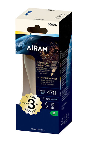 2.2W, 470lm, ST64, 3000K, E27, 64x140mm, Filamentti LED lamppu Airam